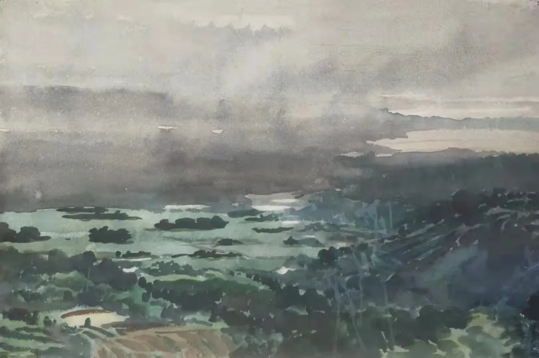 水彩《雨中田野》 李有行